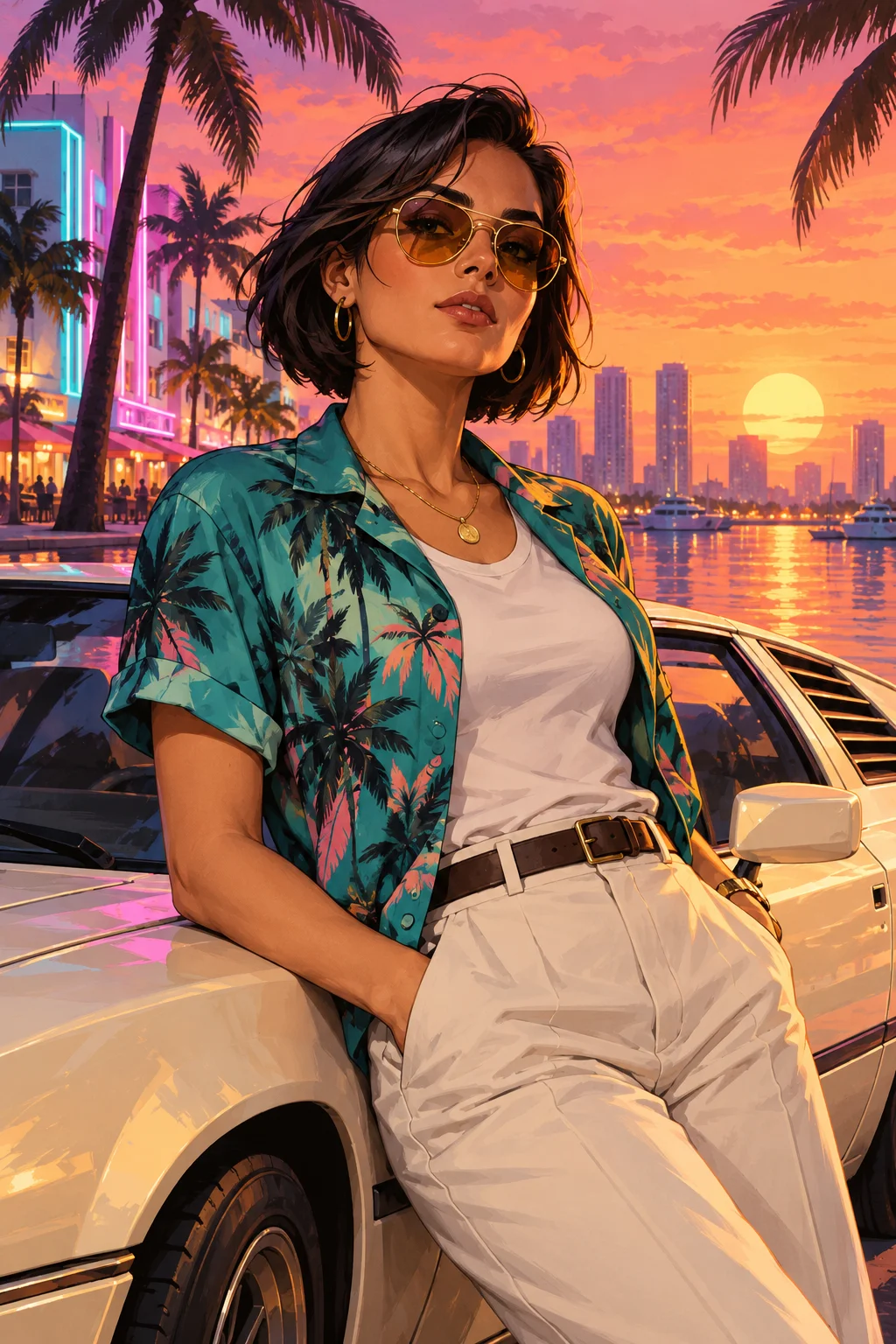 Ilustración original de muestra: una protagonista junto a un deportivo al atardecer. No es una transformación de tu foto.