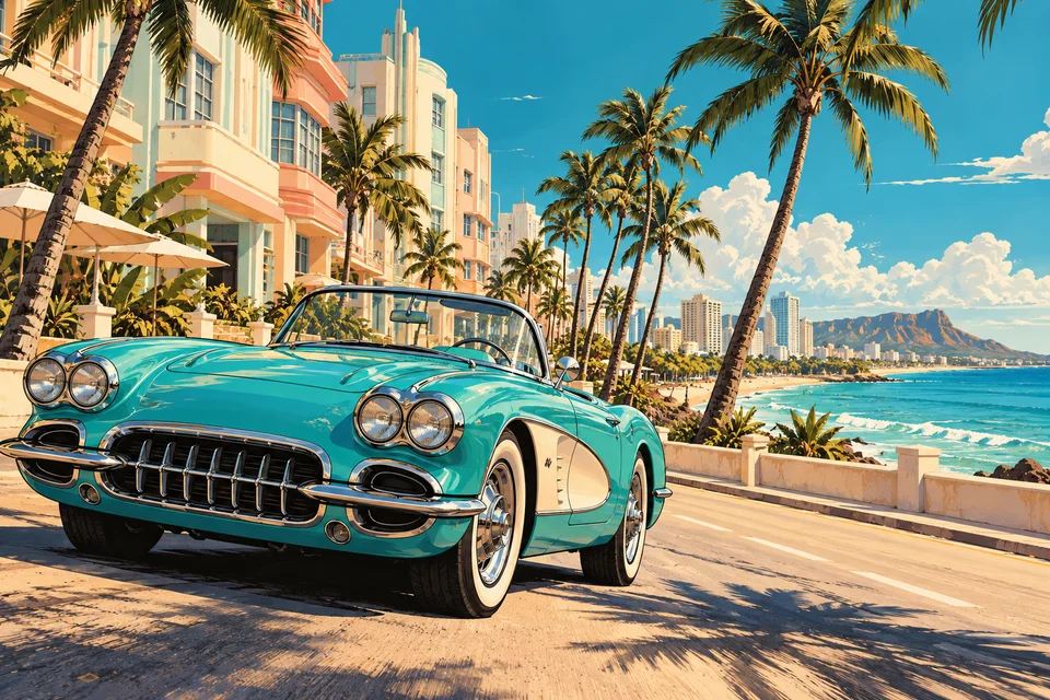 Ilustración de un descapotable en la costa tropical